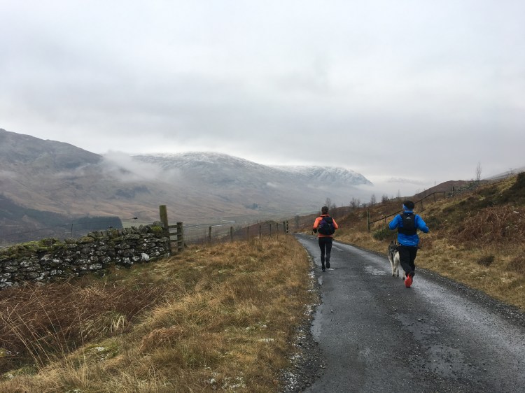Two runners and dog running away on a country road with mountains ahead